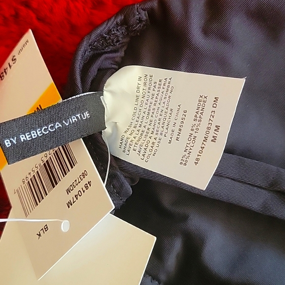 BECCA black swimsuit textured w/gold bull ring at chest plunge front hi legs NWT - Picture 9 of 9